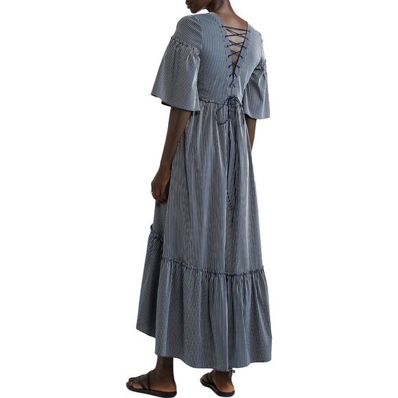 LA LIGNE La Boheme Dress Striped Lace Up Maxi Navy Blue Size XS Tiered Flouncy‎ - Picture 5 of 16